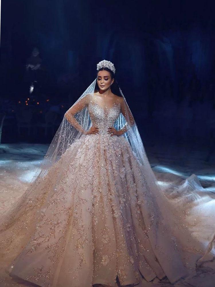 Luxury Long V Neck Ball Gown Tulle Lace Wedding Dresses with Sleeves