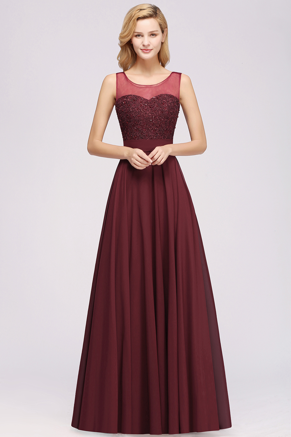 A-Line Chiffon Tulle Lace Beadings Jewel Sleeveless Floor-Length Bridesmaid Dresses with Sash