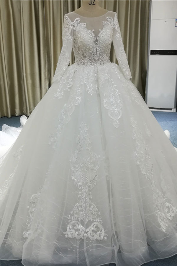 Vintage Ball Gown Appliques Lace Long Sleeve Tulle Wedding Dress