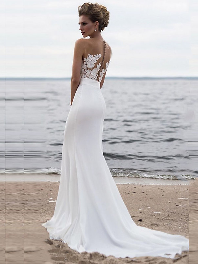 Long Mermaid Jewel Neck Chiffon Lace White Wedding Dresses Chapel Train