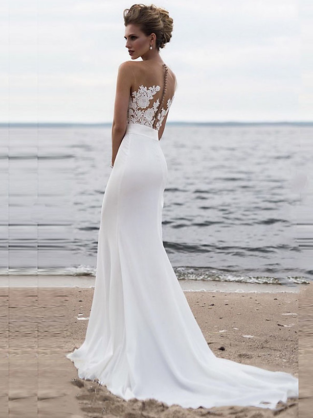 Long Mermaid Jewel Neck Chiffon Lace White Wedding Dresses Chapel Train
