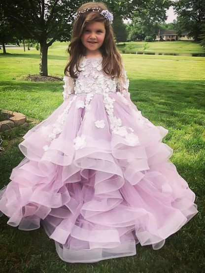 Long Ball Gown Jewel Neck Tulle Lace Flower Girl Dresses with Sleeves