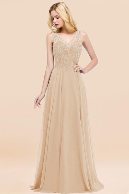 A-line Chiffon Appliques V-neck Sleeveless Floor-Length Bridesmaid Dresses with Crystals