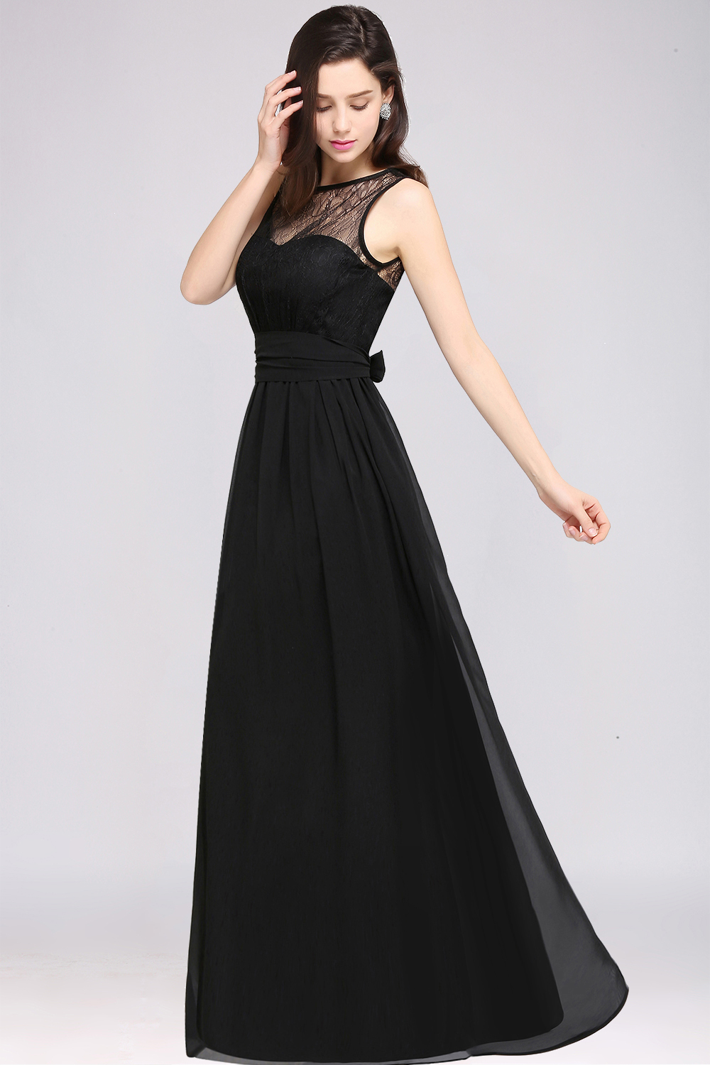 A-Line Chiffon Lace Jewel Sleeveless Keyhole Floor-Length Bridesmaid Dresses