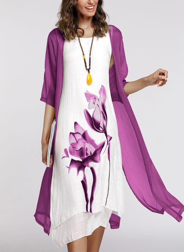Floral Wrap Round Neckline Midi X-line Dress