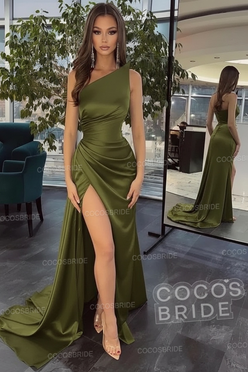 Elegant Black Long Mermaid One Shoulder Satin Prom Dress