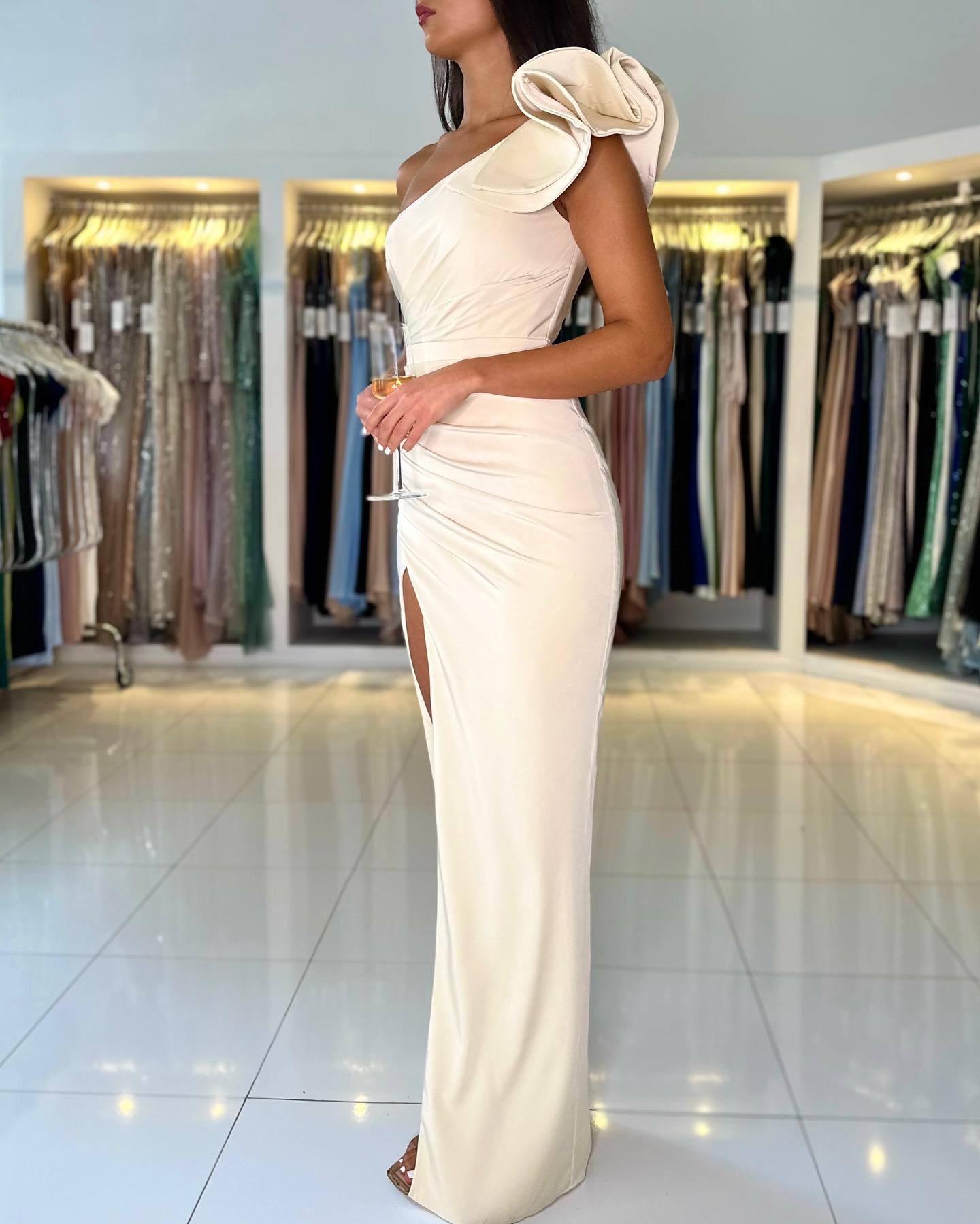 Long Mermaid One Shoulder Satin High Slit Formal Prom Dresses