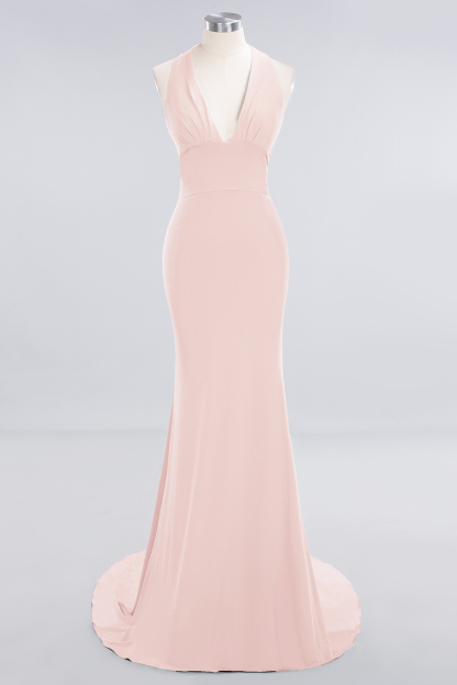 Elegant Halter Deep V-neck Open Back Floor-length Mermaid Prom Dress