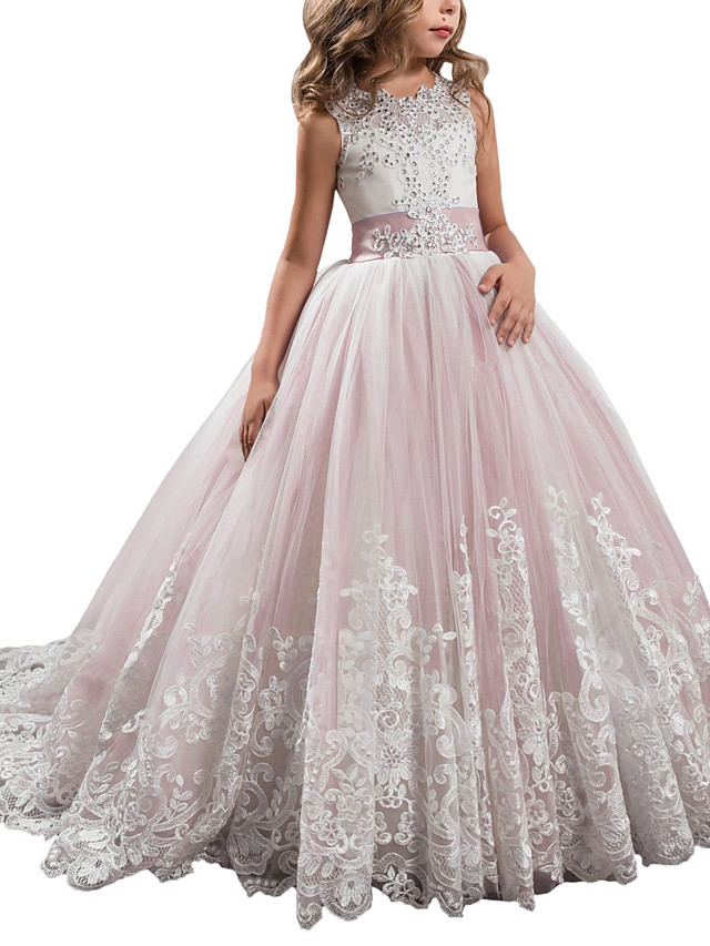 Princess Sleeveless Jewel Neck Pageant Flower Girl Dresses With Bow(S)