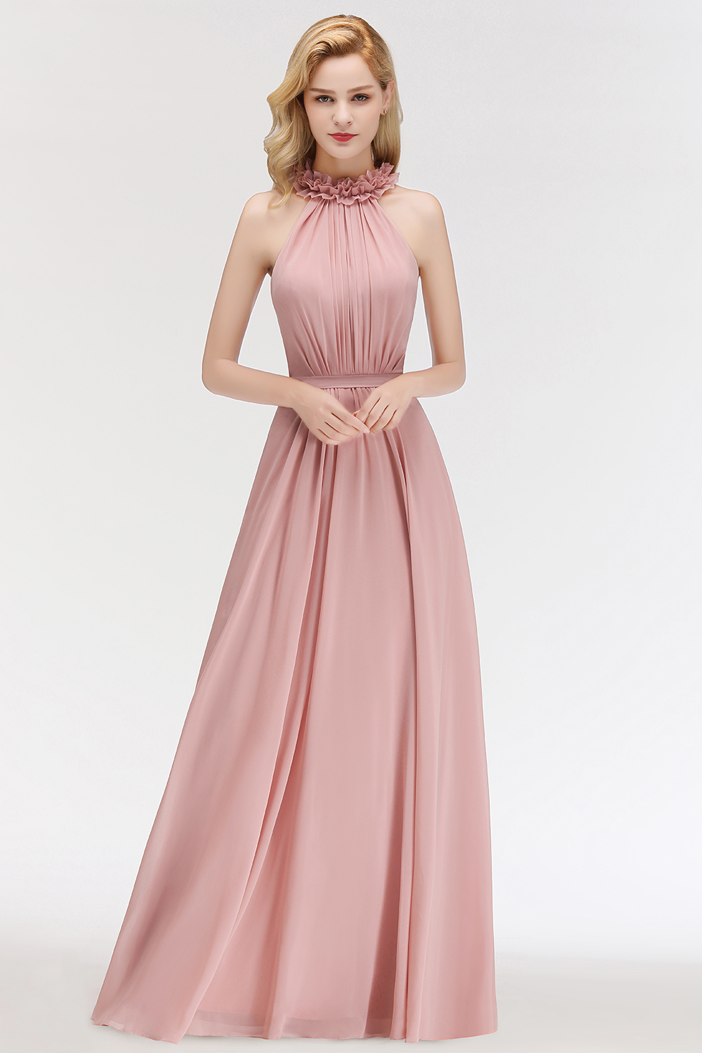 A-line Halter Sleeveless Ruffled Chiffon Bridesmaid Dresses