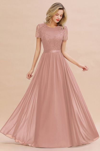 Chiffon Lace Scoop Short Sleeve Bridesmaid Dress