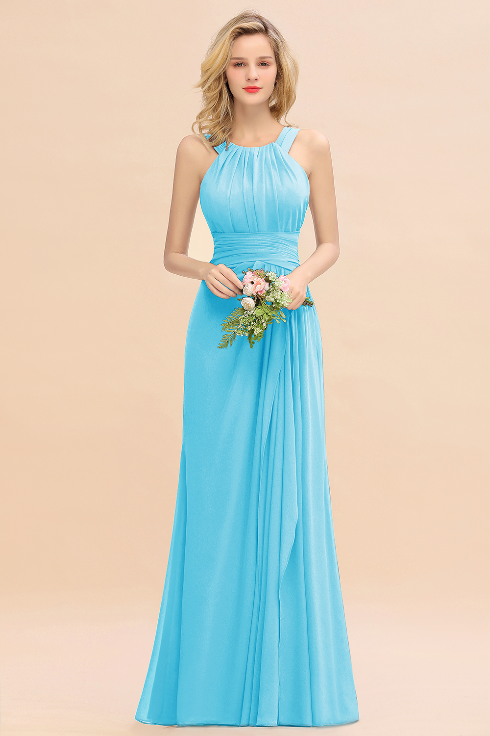 Long A-line Halter Chiffon Backless Floor-length Bridesmaid Dresses