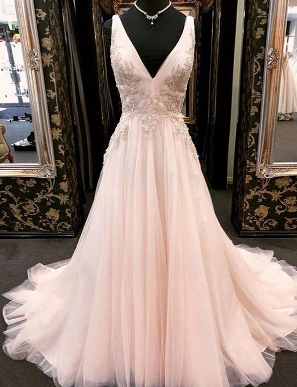 Elegant Appliques A-Line Tulle V-Neck Floor-Length Sleeveless Prom Dress