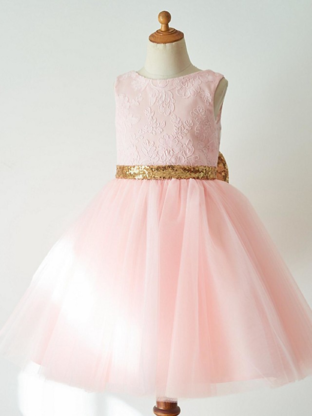 Ball Gown Knee Length Wedding / First Communion / Pageant Flower Girl Dresses - Lace / Tulle Sleeveless Jewel Neck With Bow(S)