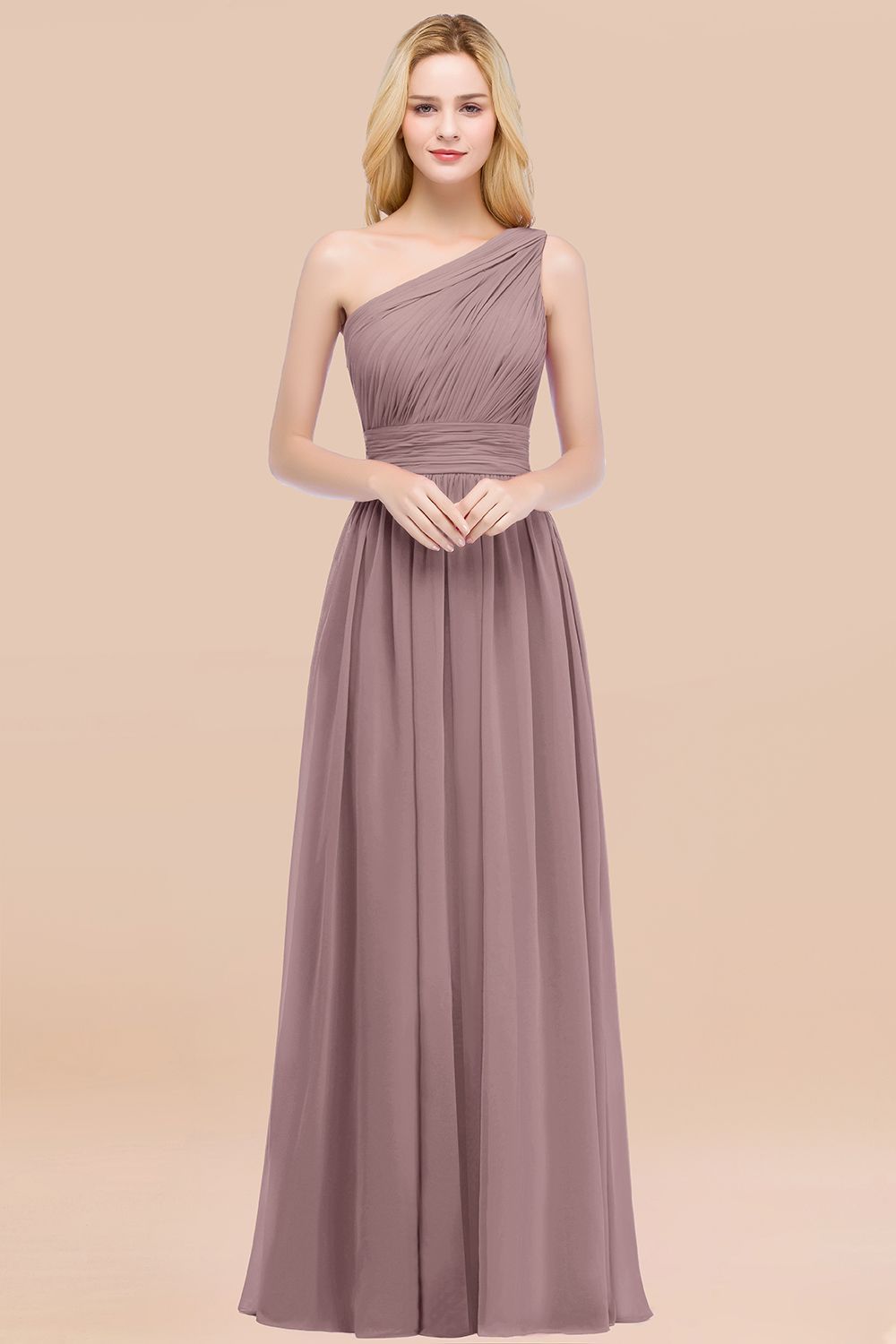 Elegant A-Line Chiffon One-Shoulder Sleeveless Ruffles Floor-Length Bridesmaid Dresses