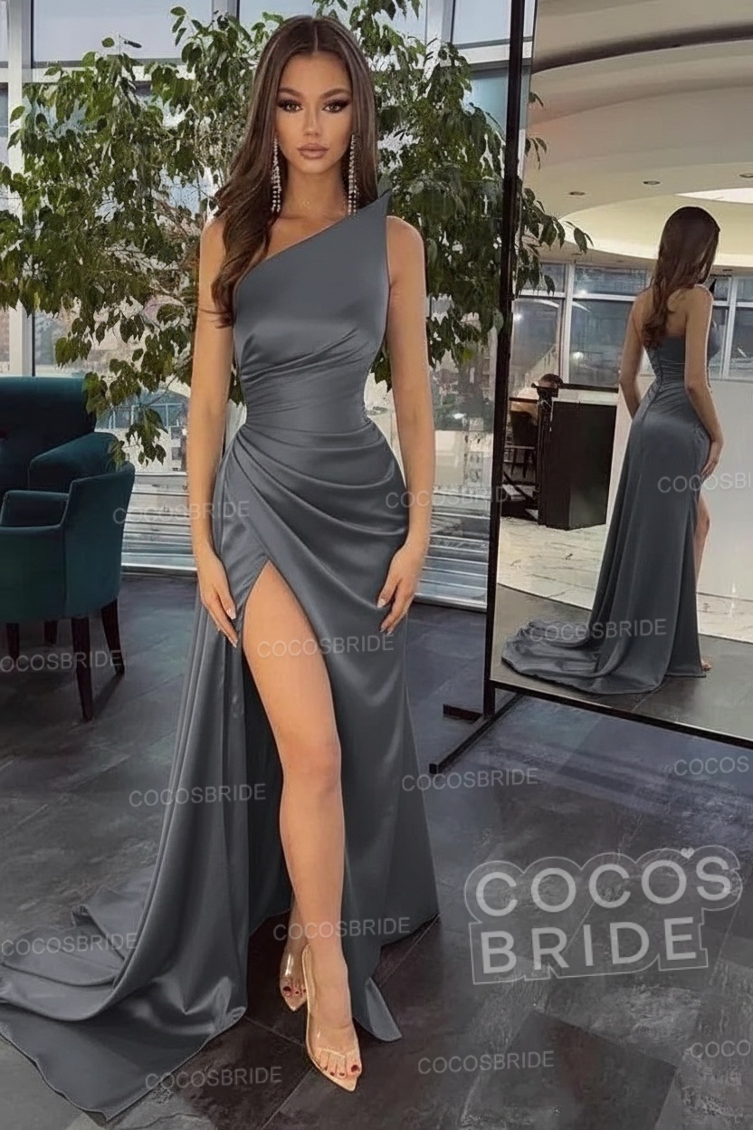 Elegant Black Long Mermaid One Shoulder Satin Prom Dress