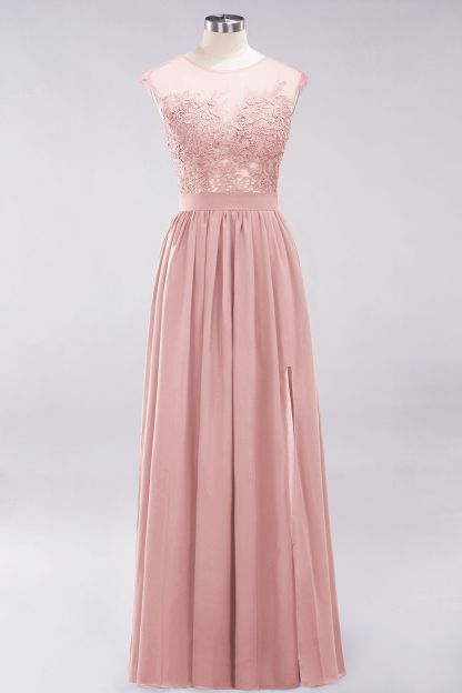 A-line Chiffon Lace Jewel Sleeveless Floor-Length Bridesmaid Dresses with Appliques
