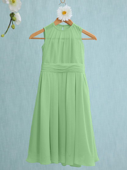 Sky Blue Long A-line Jewel Neck Knee Length Chiffon Junior Bridesmaid Dress