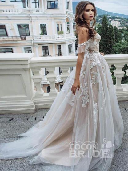 Long Off the Shoulder Lace Tulle A-Line Wedding Dresses