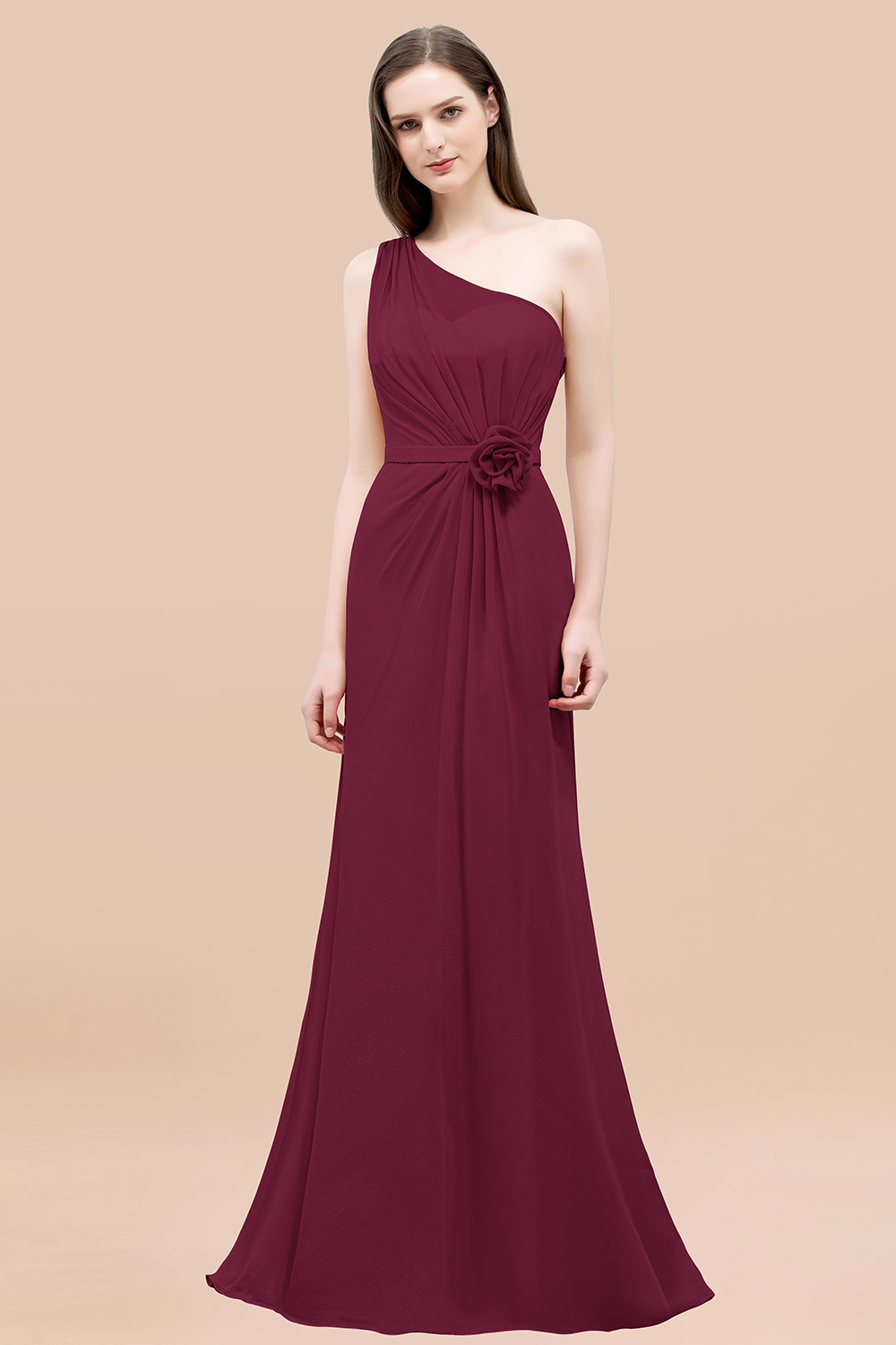 Mermaid Chiffon One-shoulder Sleeveless Ruffled Floor-Length Bridesmaid Dresses with Flower