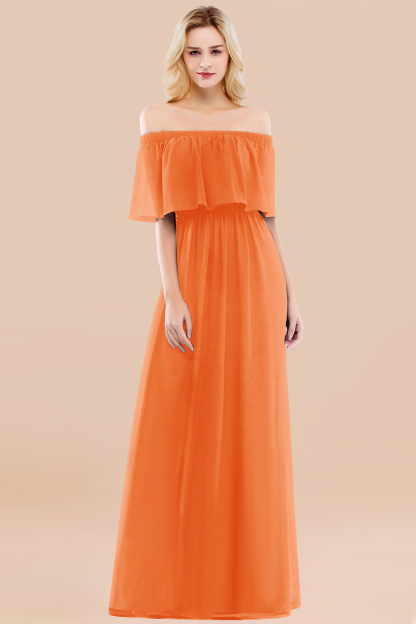 A-line Chiffon Off-the-Shoulder Short-Sleeves Ruffles Floor-length Bridesmaid Dress