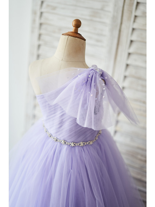 Ball Gown Floor Length Wedding / Birthday Flower Girl Dresses - Tulle Sleeveless One Shoulder With Belt / Bow(S)