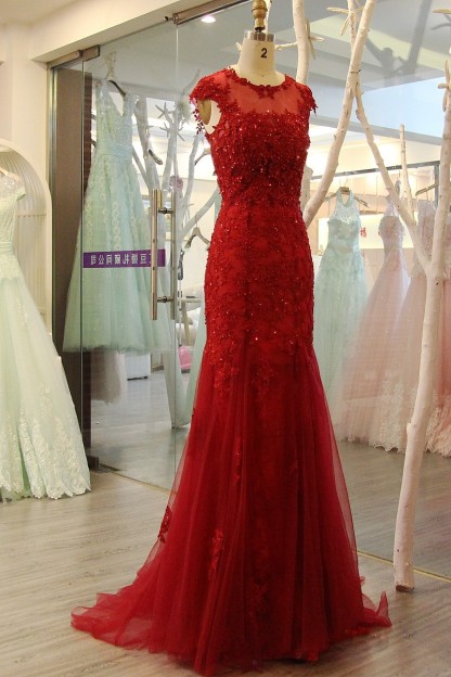 Glamorous Bateau Appliques Tulle Sequins Mermaid Floor-length Prom Dress