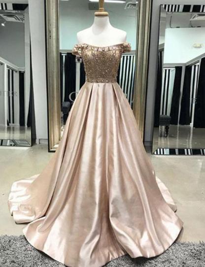 Elegant A-Line Beading Off-the-Shoulder Pocket Floor-Length Prom Dress