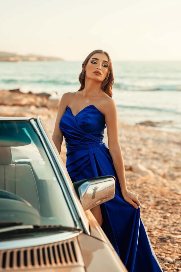 Charming Royal Blue Long A-line Sweetheart Satin Prom Dress with Slit