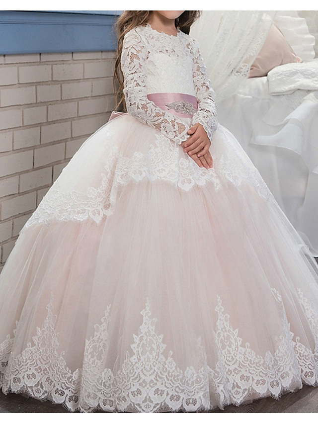 Long Ball Gown Tulle Lace Floor Length Flower Girl Dresses with Sleeves