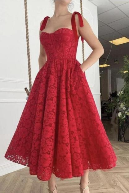 A-line Sweetheart Spaghetti Straps Lace Prom Dresses with Pockets