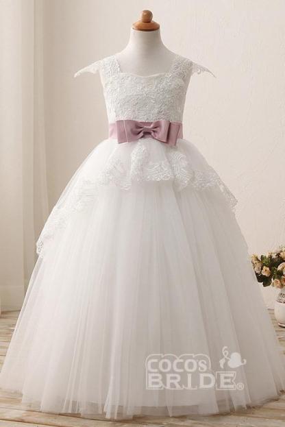 White Square Neck Cap Sleeves Ball Gown Flower Girls Dress
