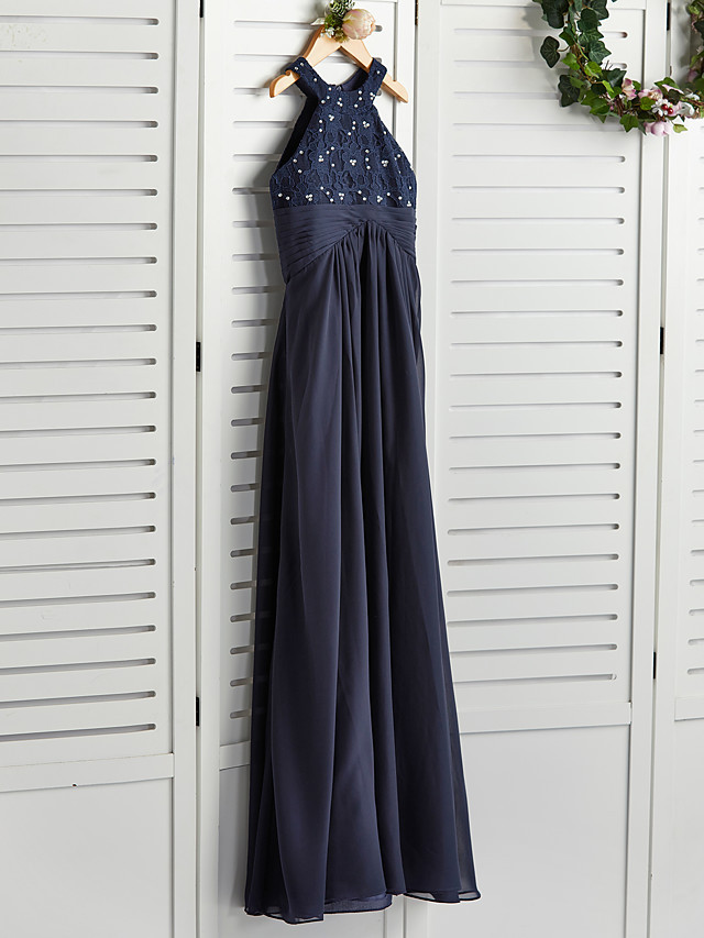 Long A-line Jewel Neck Chiffon Junior Bridesmaid Dress Dark Navy Wedding Party Dresses