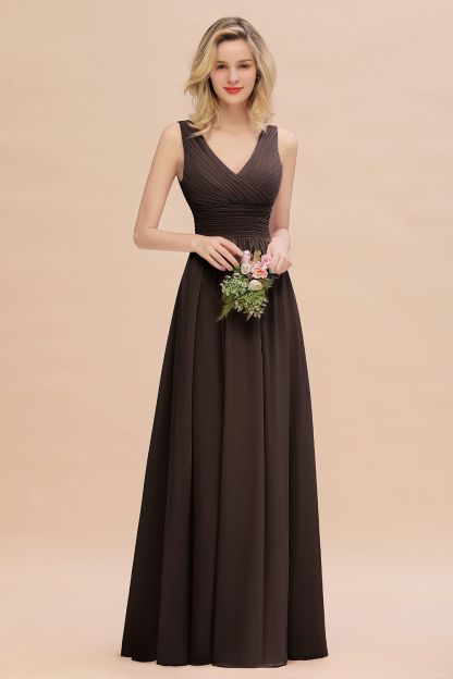 Elegant A-line V-Neck Ruffles Long Bridesmaid Dress