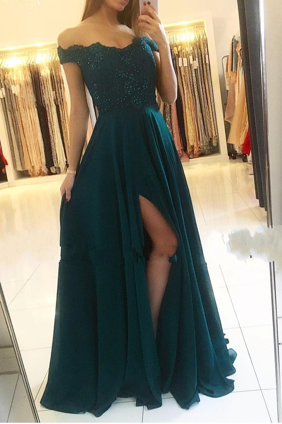 Delicate Off-the-shoulder Beading A-Line Ruffles Prom Dress With Side Slit