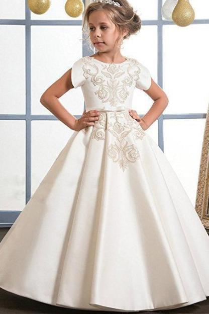 Long Scoop Neck Short Sleeves Ball Gown Flower Girl Dress