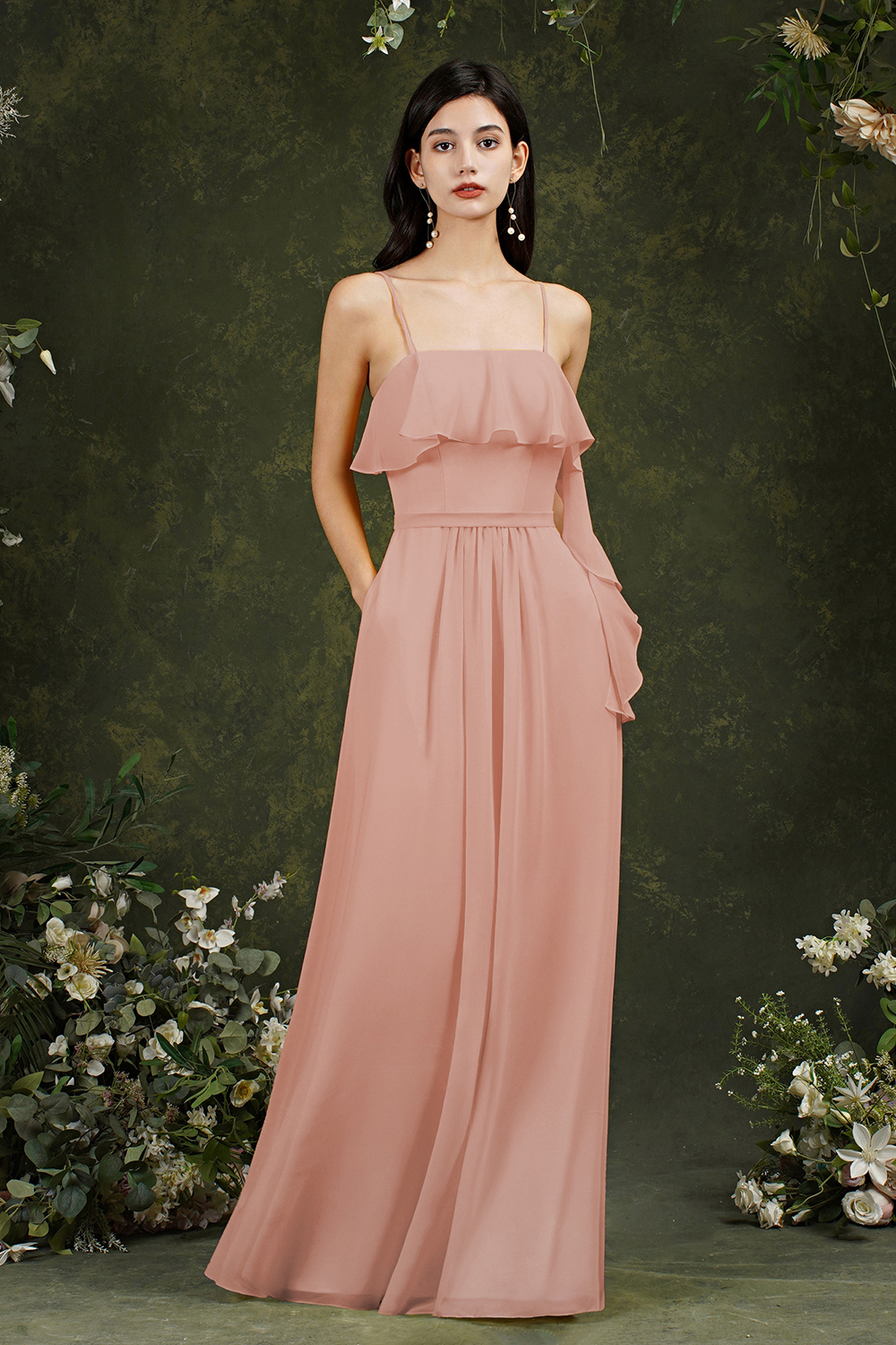 Stunning Chiffon Spaghetti Straps A-line Backless Ruffles Bridesmaid Dress With Pockets