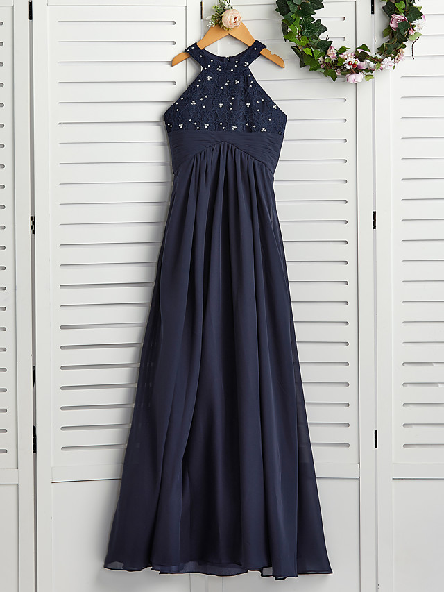 Long A-line Jewel Neck Chiffon Junior Bridesmaid Dress Dark Navy Wedding Party Dresses