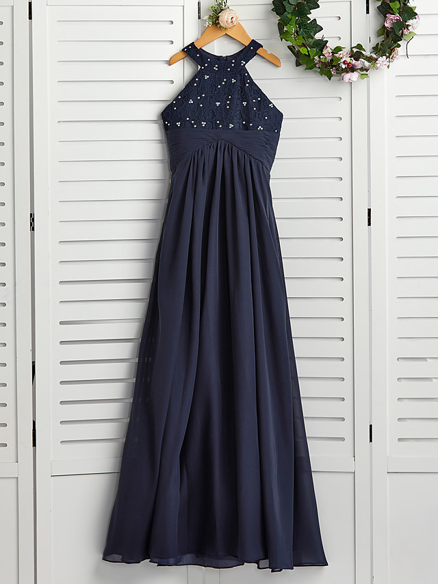 Long A-line Jewel Neck Chiffon Junior Bridesmaid Dress Dark Navy Wedding Party Dresses
