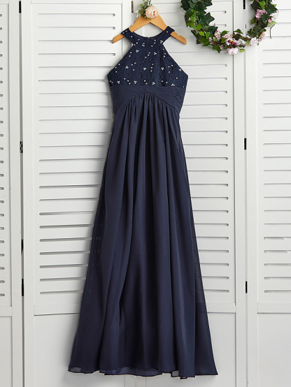 Long A-line Jewel Neck Chiffon Junior Bridesmaid Dress Dark Navy Wedding Party Dresses