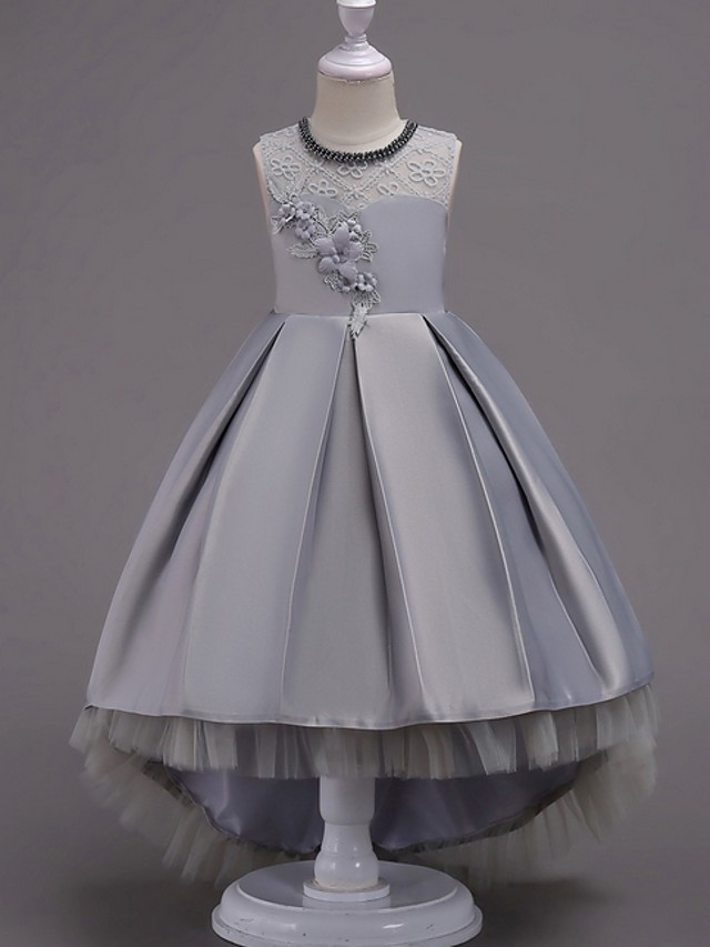 A-Line Asymmetrical Pageant Flower Girl Dresses - Satin Sleeveless Jewel Neck With Lace / Bow(S) / Beading