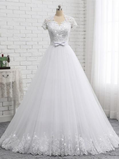Elegant Long A-line Sweetheart Lace Beaded Tulle Wedding Dresses with Short Sleeves