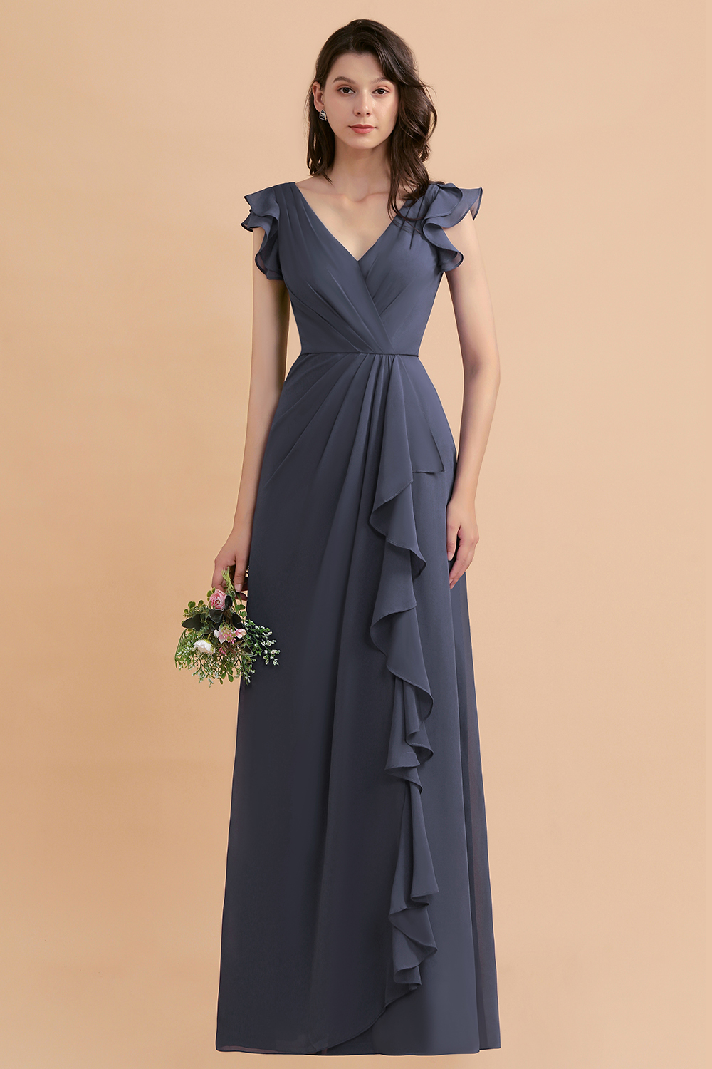 Ruffles A-Line V-neck Chiffon Party Dress Floor Length Bridesmaid Dress