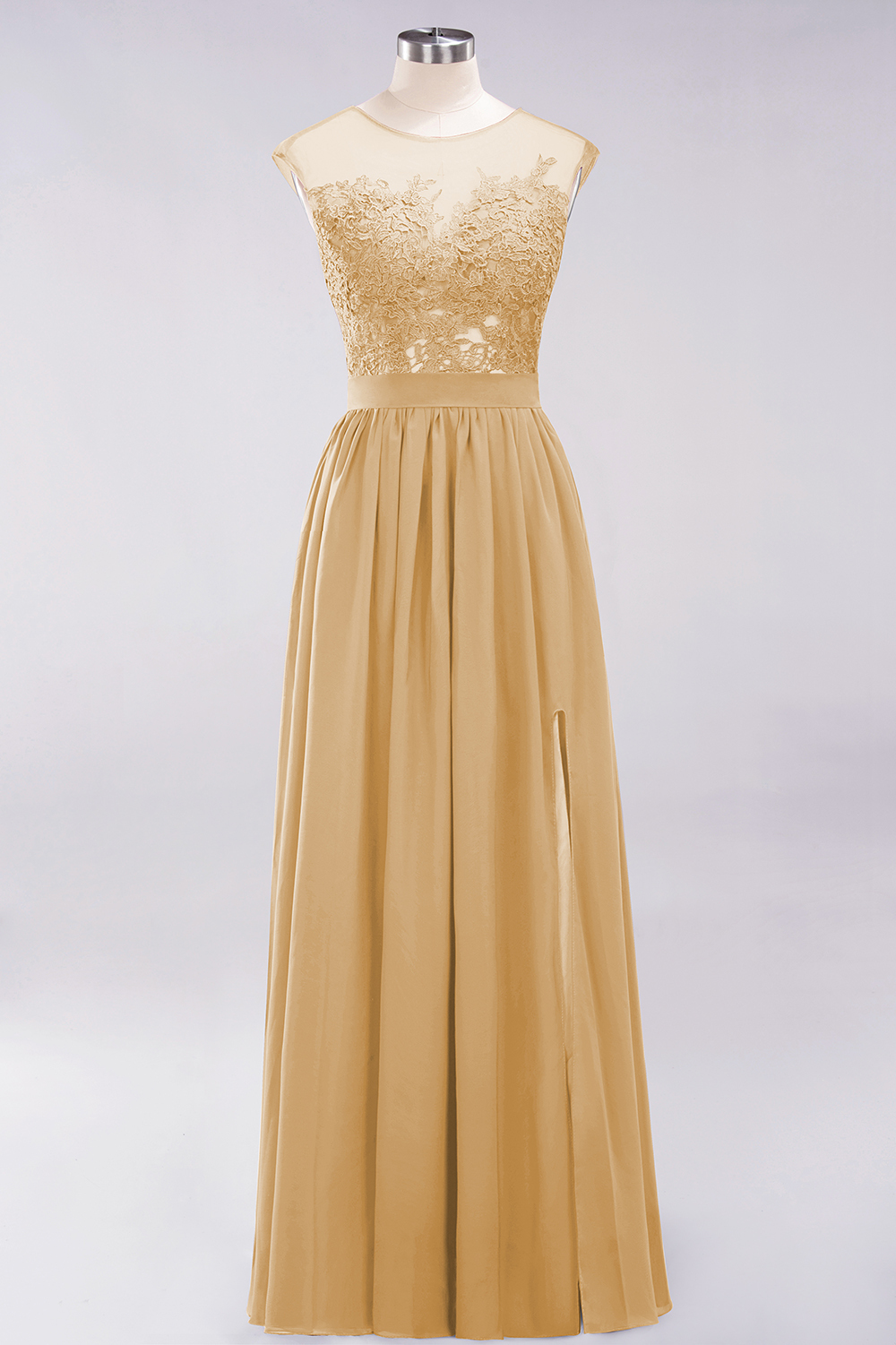 A-line Chiffon Lace Jewel Sleeveless Floor-Length Bridesmaid Dresses with Appliques