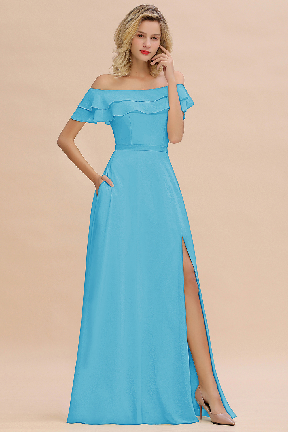 Off-the-Shoulder Front Slit Mint Green Long Bridesmaid Dress