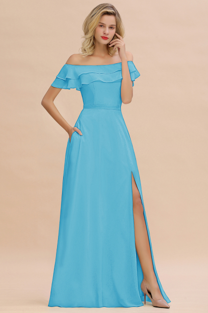 Off-the-Shoulder Front Slit Mint Green Long Bridesmaid Dress