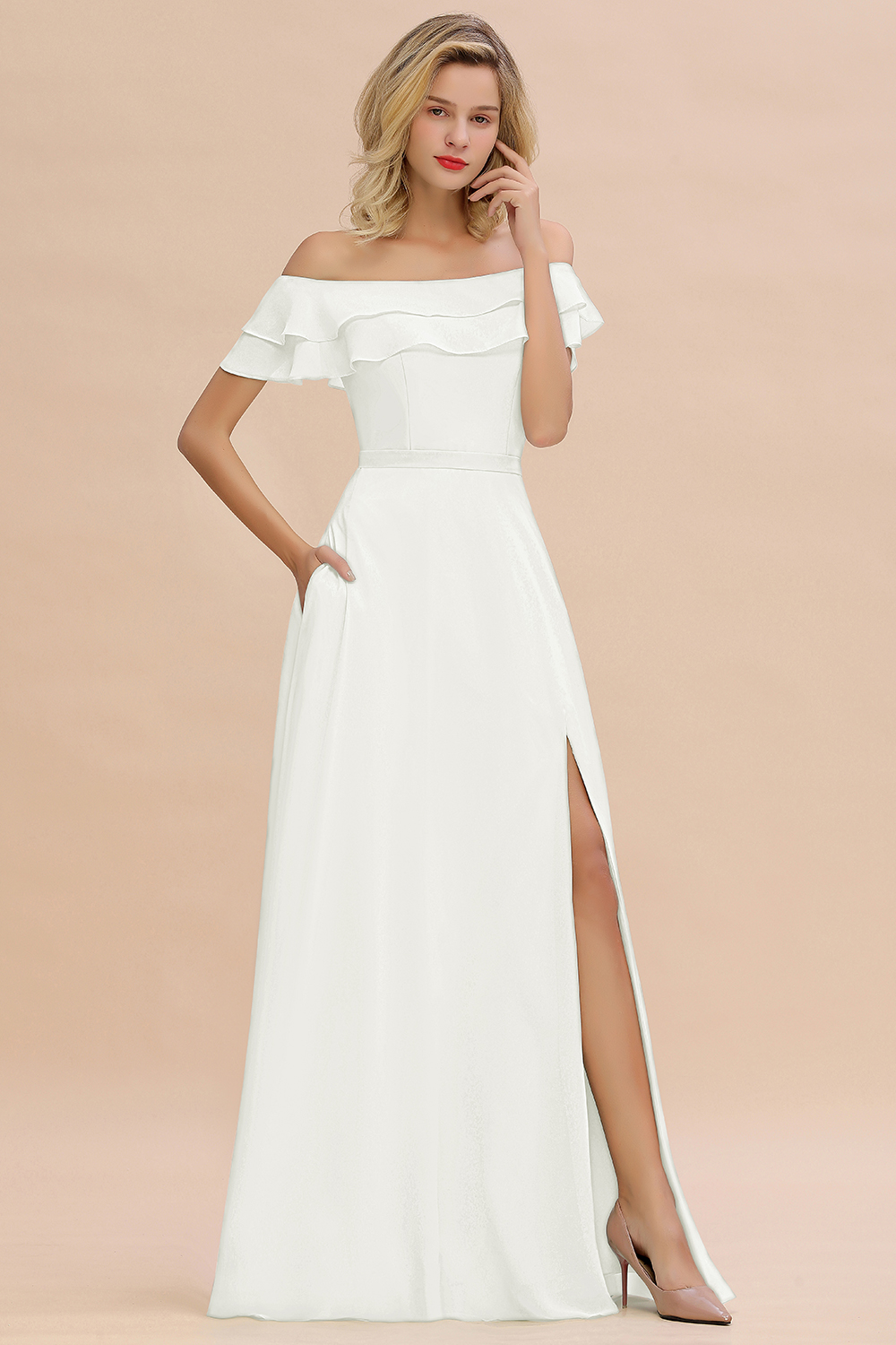 Off-the-Shoulder Front Slit Mint Green Long Bridesmaid Dress
