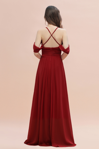 Elegant Long A-line Chiffon V-neck Bridesmaid Dress with Straps Cross Back