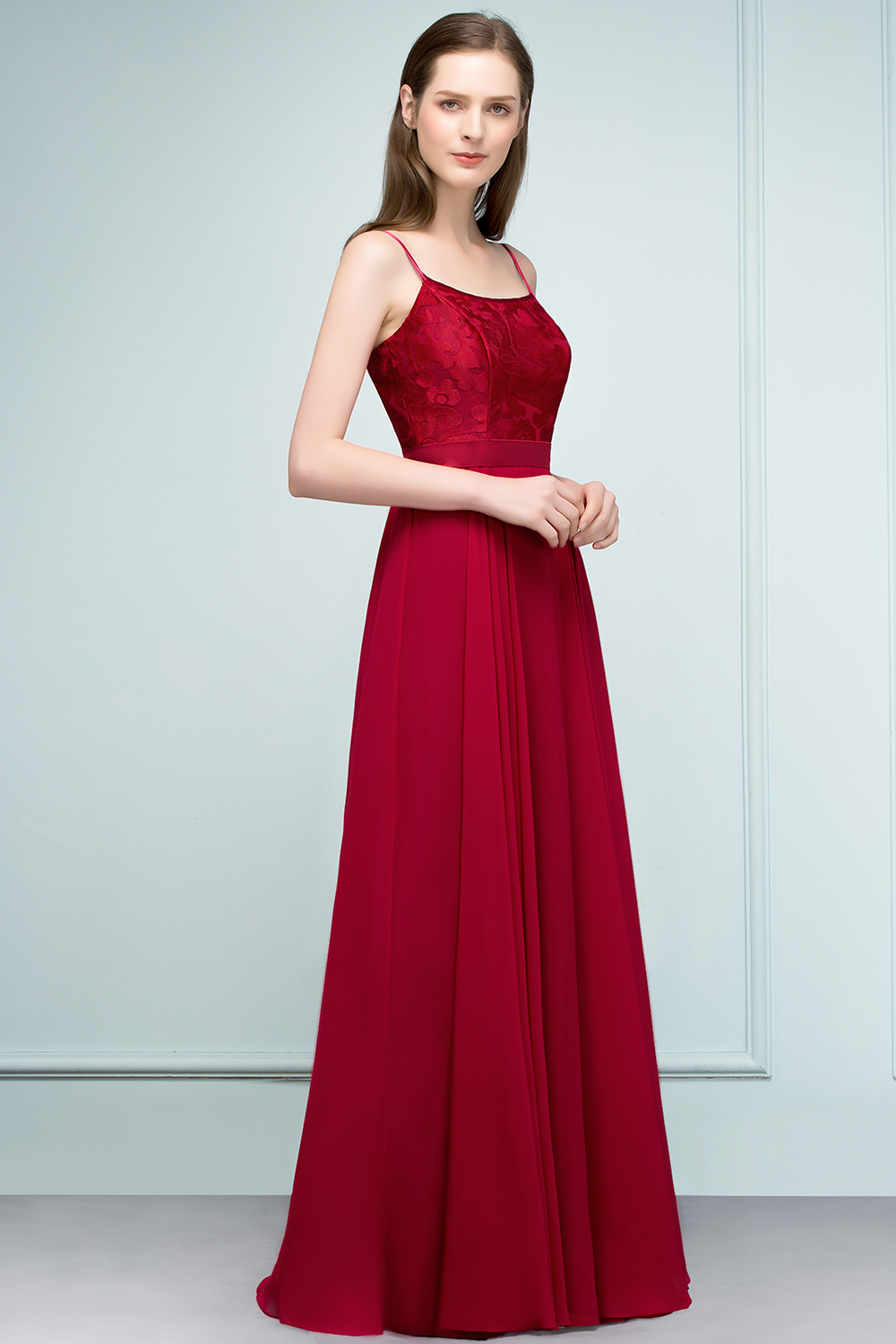 Long Chiffon A-line Lace Burgundy Evening Formal Dress