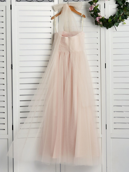 A-Line Halter Neck Floor Length Tulle Junior Bridesmaid Dress With Ruching